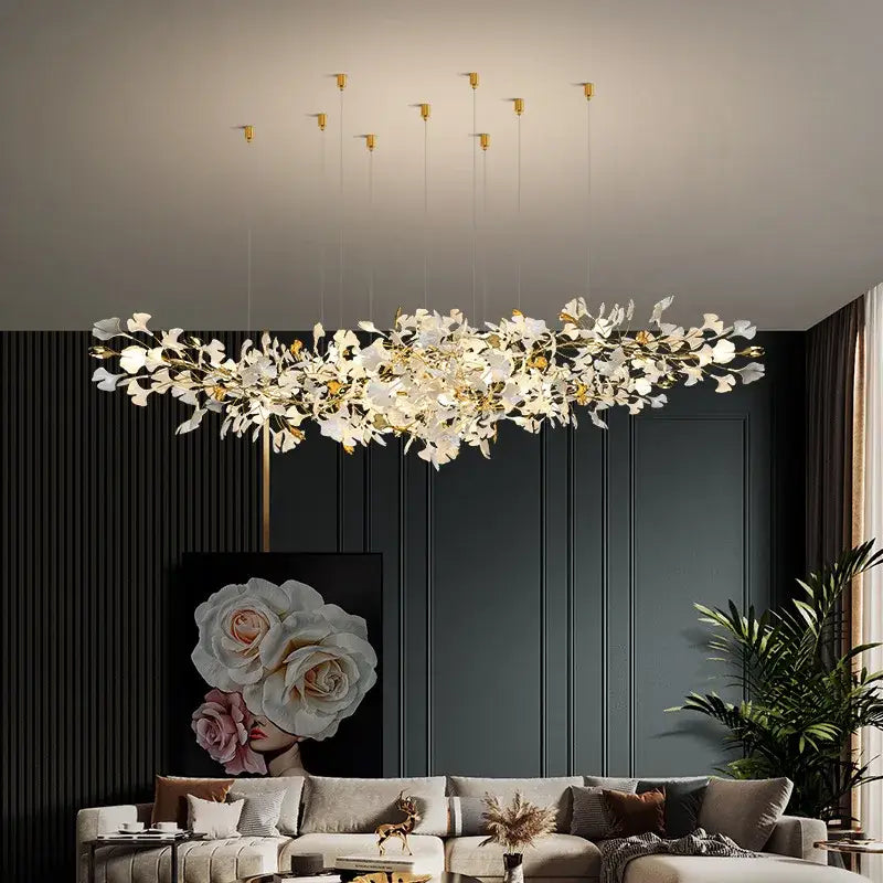 Elegant white and gold decorbites luxe ginkgo leaves pendant light with floral design and delicate leaf accents for living room