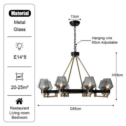 Black and brass metal decorbites luxe glass chandelier with eight faceted glass shades for modern retro living rooms