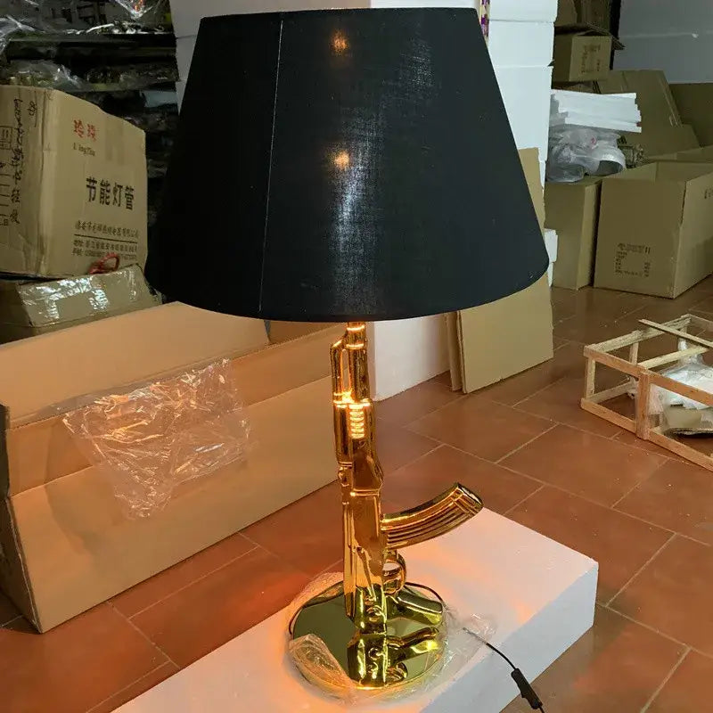 DecorBites Luxe gold ak47 led floor lamp with a black fabric shade for modern living room and bedroom decor
