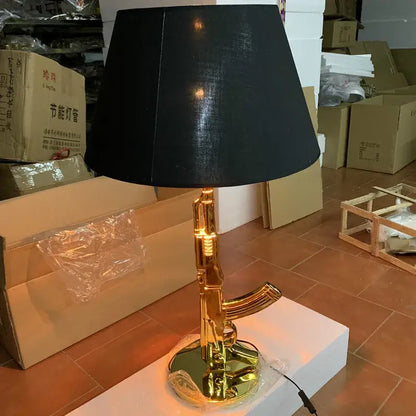 DecorBites Luxe gold ak47 led floor lamp with a black fabric shade for modern living room and bedroom decor