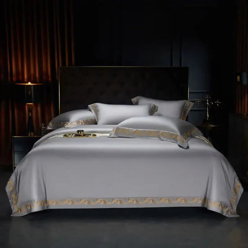 Elegant silver-gray satin bedding set with luxe gold embroidery trim by DecorBites luxe gold Egyptian cotton