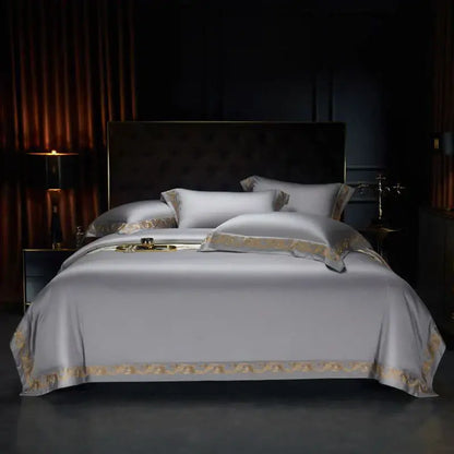 Elegant silver-gray satin bedding set with luxe gold embroidery trim by DecorBites luxe gold Egyptian cotton
