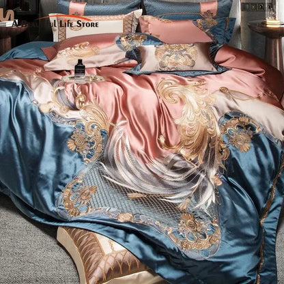 Luxurious decorbites luxe gold embroidery bedding set in teal and rose gold satin with intricate baroque-style design