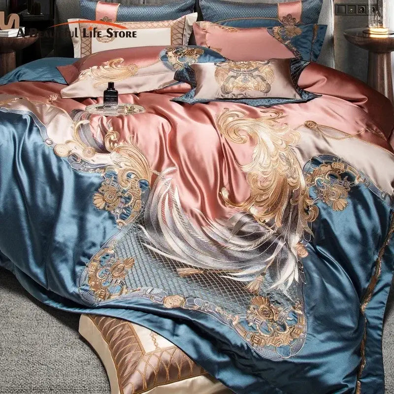 Luxurious decorbites luxe gold embroidery bedding set in teal and rose gold satin with intricate baroque-style design
