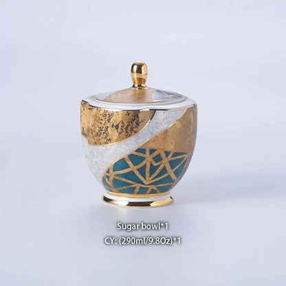 Elegant ceramic sugar bowl with gold inlay and teal geometric design from decorbites luxe gold inlay coffee set