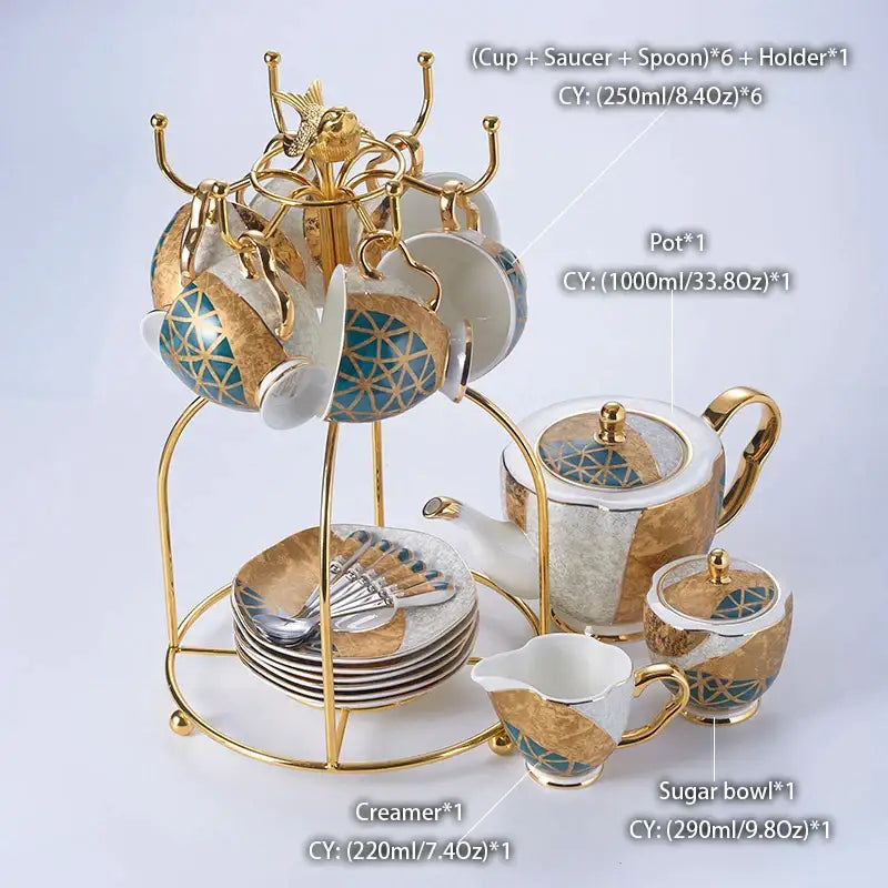 Decorbites luxe gold inlay coffee set featuring gold and teal bone china teacup with geometric patterns on gold stand