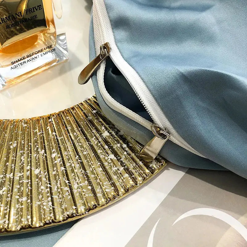 Light blue satin pouch with white zipper and metallic pull tabs complementing decorbites luxe gold leaves satin jacquard embroidery 1000tc egyptian cotton bedding set