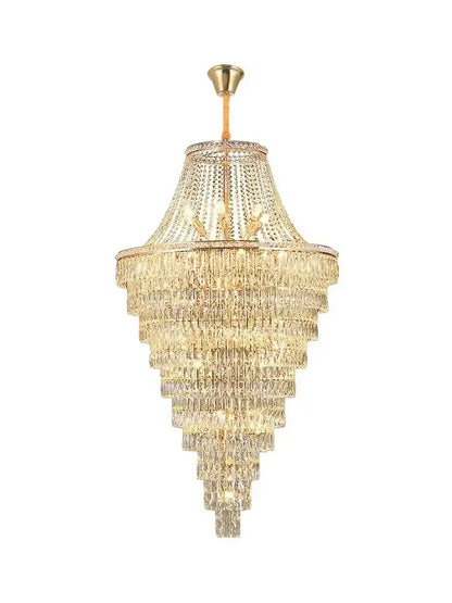 A multi-tiered decorbites luxe golden crystal chandelier with gold metal frame and cascading faceted crystals for elegant spaces