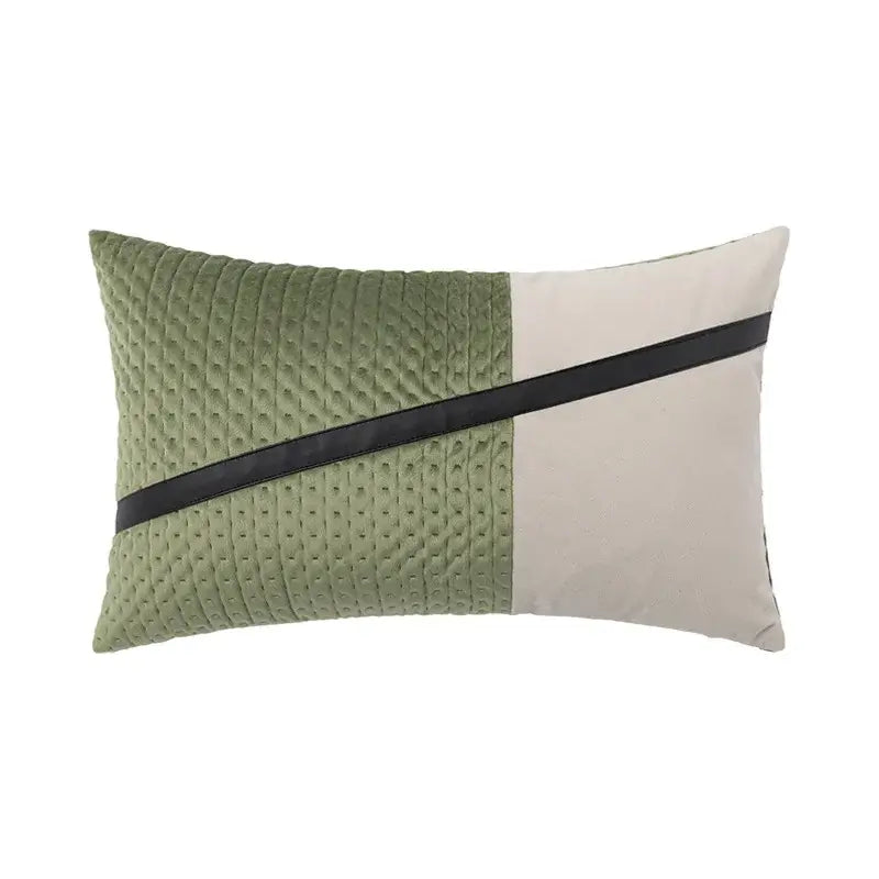 Olive green and cream quilted rectangular cushion cover with black satin stripe from decorbites luxe gray collection for modern decor