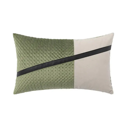 Olive green and cream quilted rectangular cushion cover with black satin stripe from decorbites luxe gray collection for modern decor