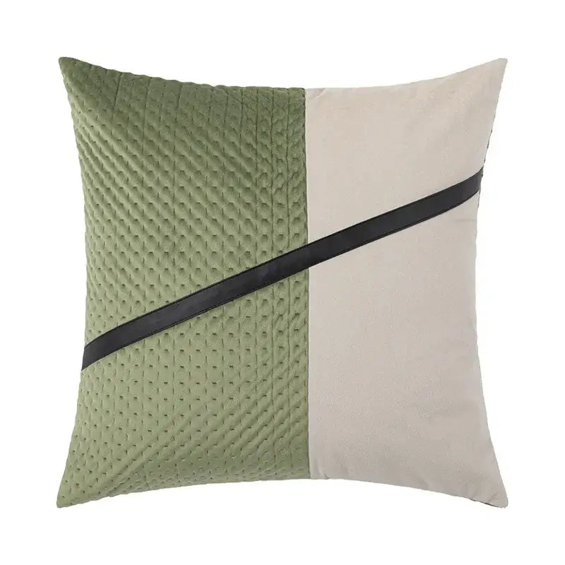 Square cushion cover with olive green quilted velvet and cream fabric accented by diagonal black leather strap decorbites luxe gray