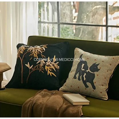 Black velvet decorative pillow cover with gold and brown embroidered foliage design from DecorBites™ luxe greyhound collection