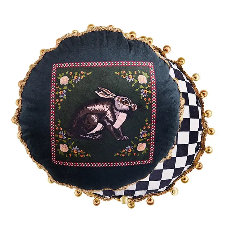 DecorBites™ luxe greyhound decorative pillow cover in dark green velvet with embroidered rabbit and gold tassels