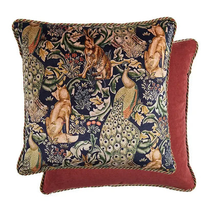 DecorBites™ luxe greyhound decorative pillow cover with intricate fox and peacock tapestry on deep navy fabric