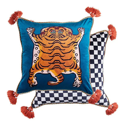 DecorBites™ luxe greyhound decorative pillow cover in teal velvet with bold orange tiger print and rust tassels