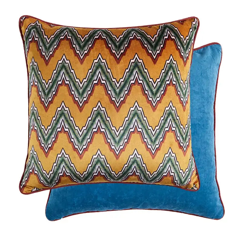 Decorbites™ luxe greyhound decorative pillow cover in vibrant orange velvet with bold zigzag pattern and blue backing