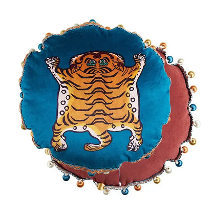 Decorbites™ luxe greyhound decorative pillow cover in deep teal velvet with orange tiger design and pom-pom trim
