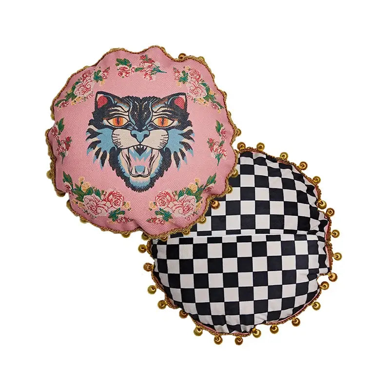 DecorBites™ luxe greyhound decorative pillow cover with pink floral design and bold black blue cat face with gold pom-poms