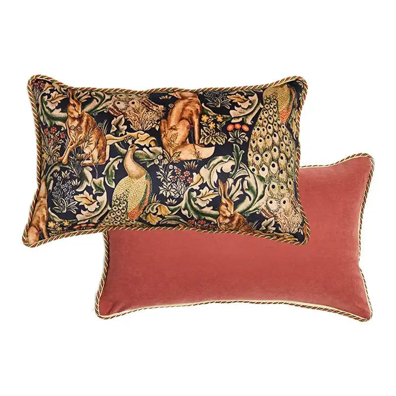 Decorbites™ luxe greyhound decorative pillow cover with intricate tapestry design of rabbits peacocks and floral motifs on dark background