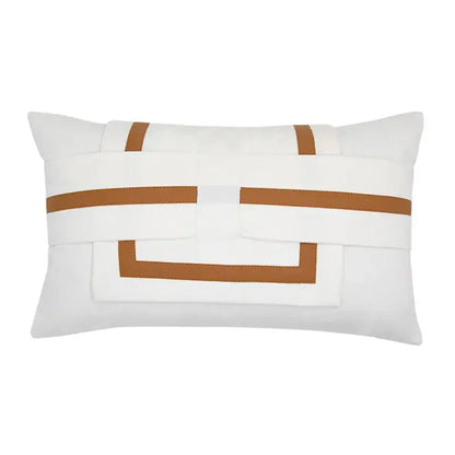 White decorbites luxe hotel pillowcase with tan woven geometric straps for elegant homestays and living rooms