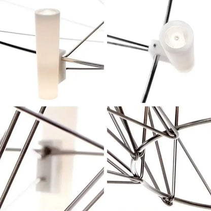 Modern minimalist chandelier with frosted white cylindrical lights on sleek chrome decorbites luxe iron wire frame