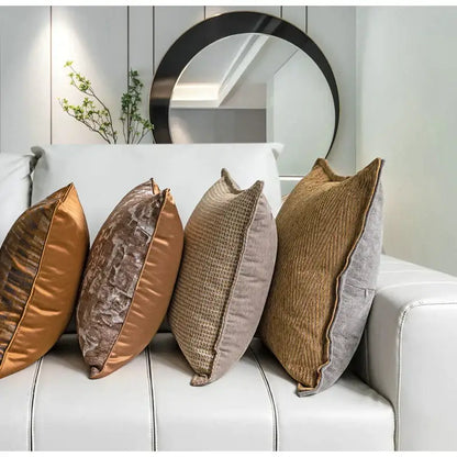 Four decorbites luxe jacquard cushion covers in brown gold coffee with satin velvet and woven fabric textures