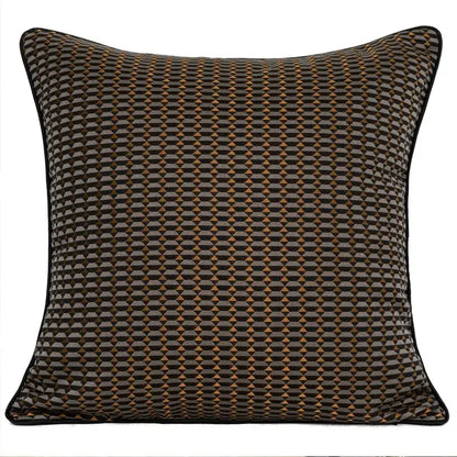 Square throw pillow featuring decorbites luxe jacquard cushion cover with brown gold coffee geometric pattern and black border