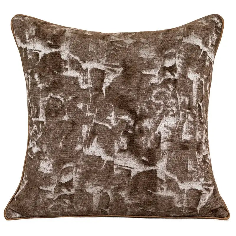 Brown velvet decorbites luxe jacquard cushion cover with textured abstract pattern in lighter and darker brown shades