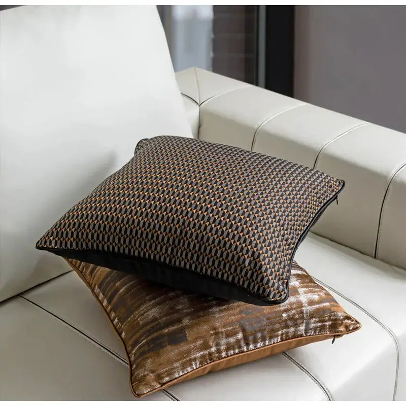 Brown and black geometric patterned decorbites luxe jacquard cushion covers with subtle sheen 45x45cm