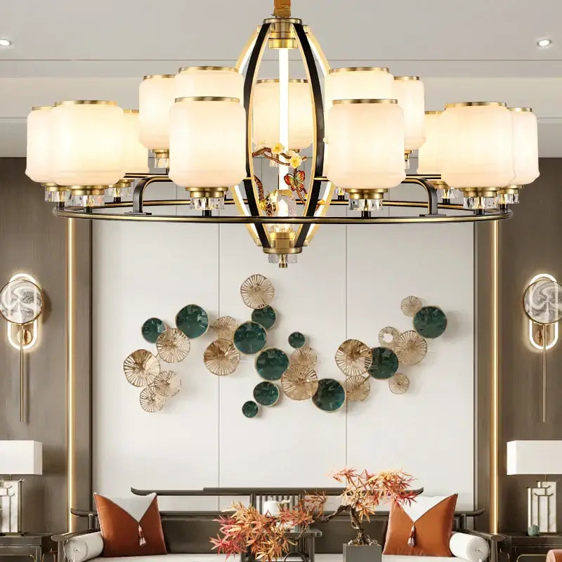 Gold-toned decorbites luxe jade chandelier with frosted glass shades and crystal accents for living room and villa hall