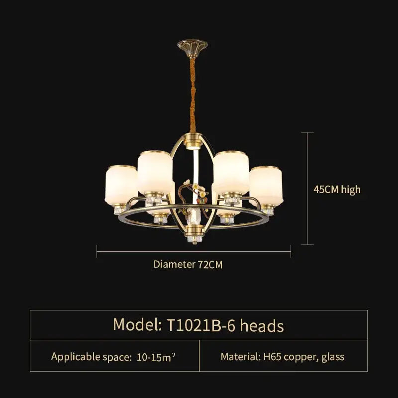 Decorbites luxe jade chandelier six-head with brass-finished copper frame frosted glass shades for living room and villa hall