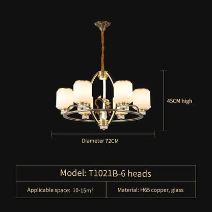 Decorbites luxe jade chandelier six-head with brass-finished copper frame frosted glass shades for living room and villa hall