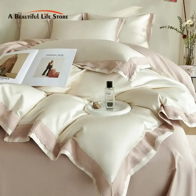 Cream-colored satin decorbites luxe lace bedding set with delicate pink lace trim made of 1000TC egyptian cotton
