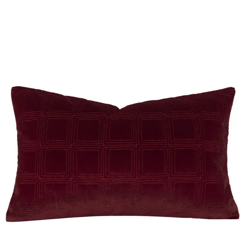 A rich burgundy velvet cushion cover with a subtle quilted grid pattern from decorbites luxe linen blend set