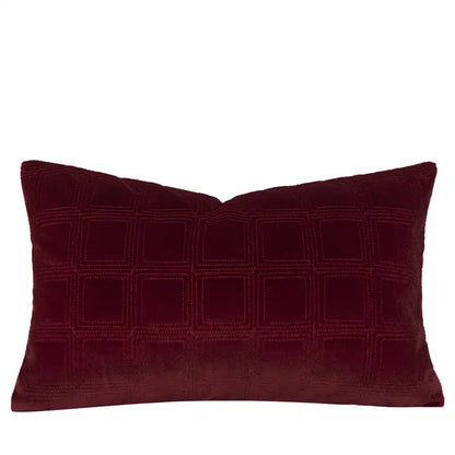 A rich burgundy velvet cushion cover with a subtle quilted grid pattern from decorbites luxe linen blend set