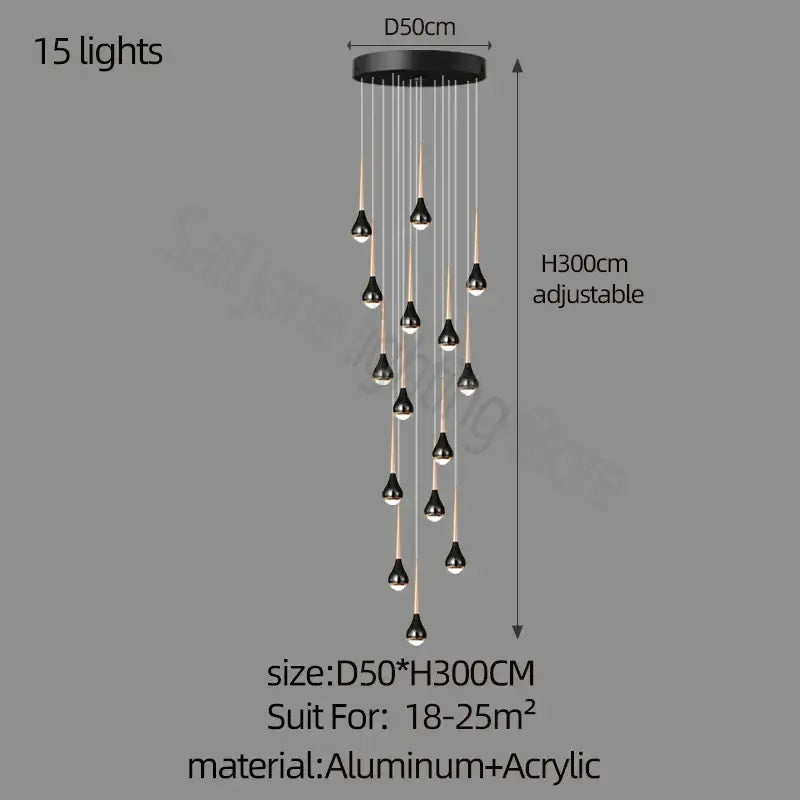 Black decorbites luxe loft chandelier with 15 teardrop lights suspended from adjustable aluminum base for modern spaces