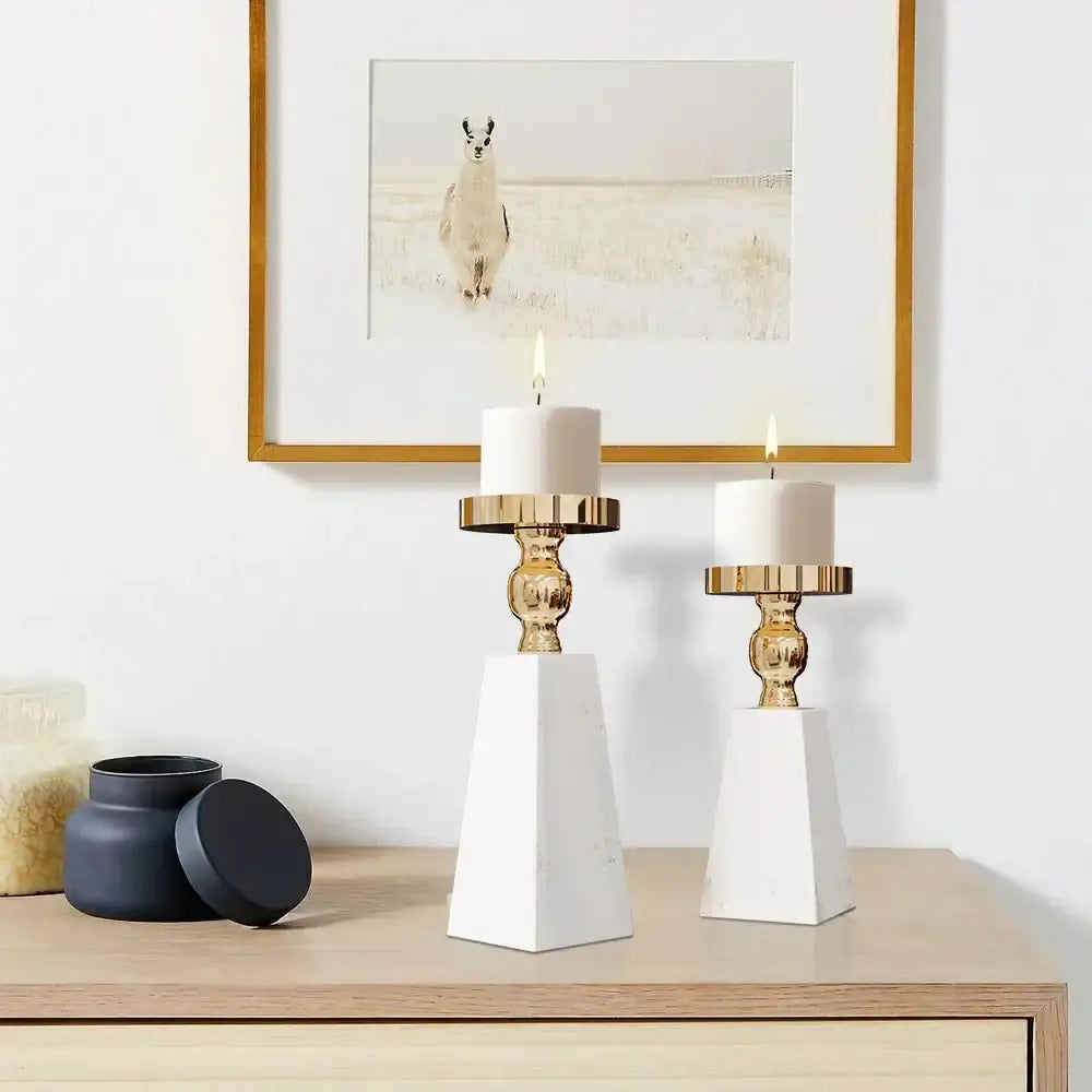 DecorBites™ luxe marble candle holder with white marble and gold-toned metal accents featuring matching white candles