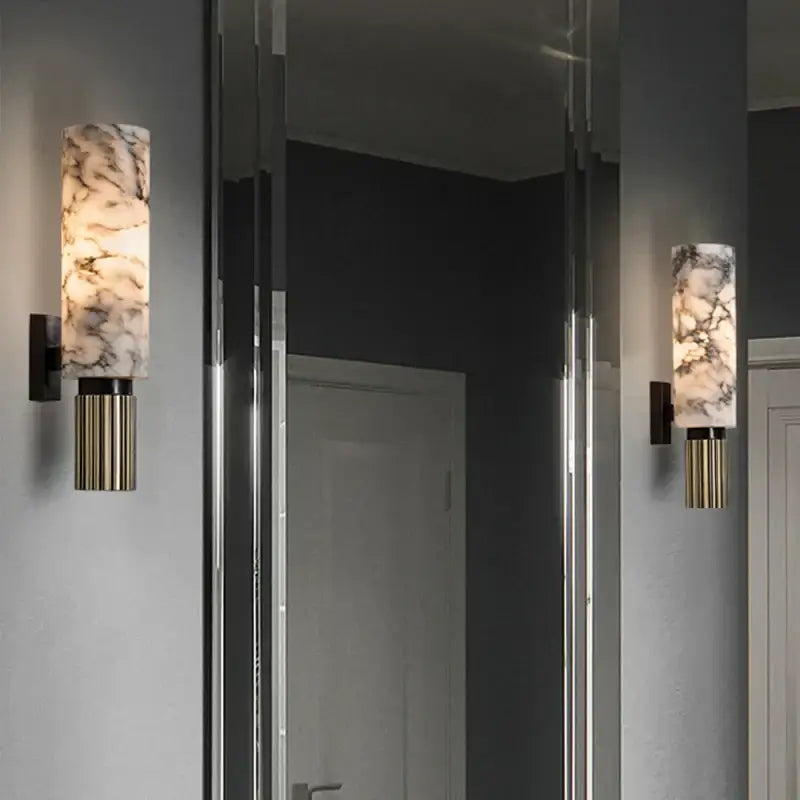 Elegant DecorBites Luxe Marble wall lamp with white gray marble-patterned shade and gold fluted base for modern décor