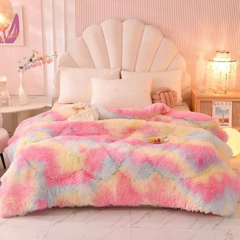 Decorbites luxe mink fleece patchwork quilt with rainbow pastel hues soft plush texture for cozy warmth