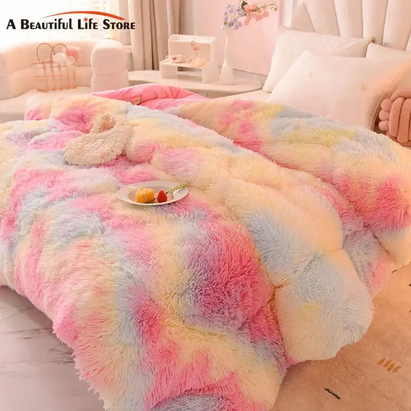 A plush decorbites luxe mink fleece patchwork quilt with a soft pastel rainbow gradient in pink blue yellow and white