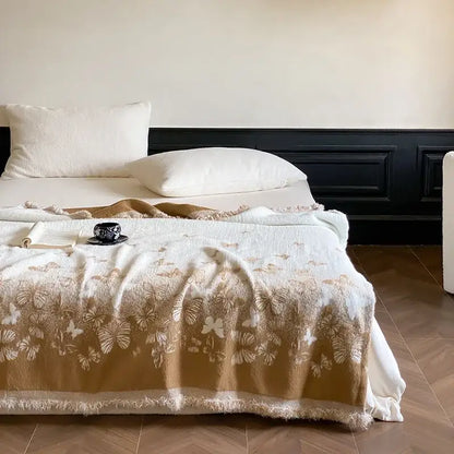 Decorbites luxe mink fur jacquard throw in cream with delicate beige and white butterfly pattern for cozy warmth and style