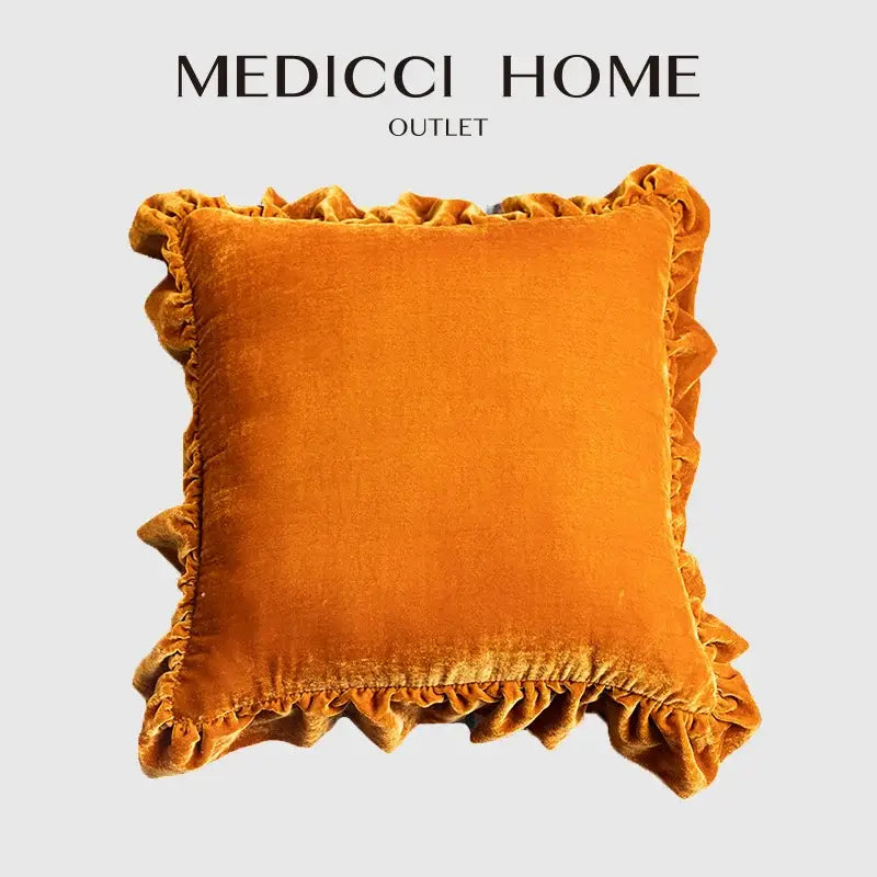 A square mustard-yellow velvet euro pillow sham with ruffled edges from decorbites luxe orange collection