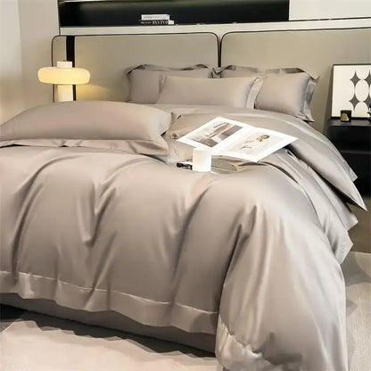 Decorbites luxury 1000tc egyptian cotton duvet cover set in gray with fitted sheet and subtle piping details