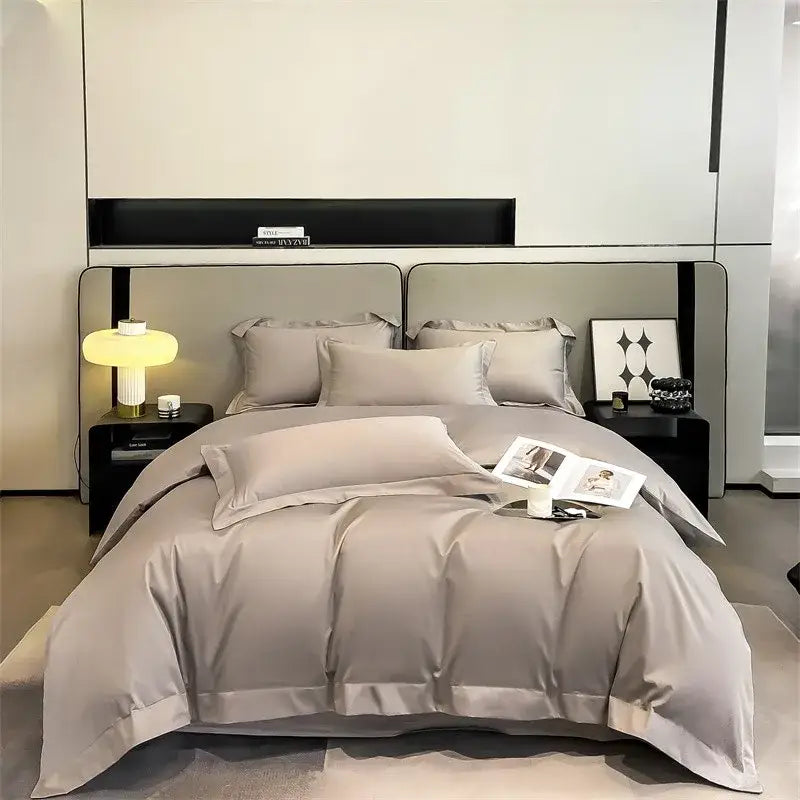 The decorbites™ luxurious 1000tc egyptian cotton duvet cover set in light gray satin includes fitted sheet and pillowcases