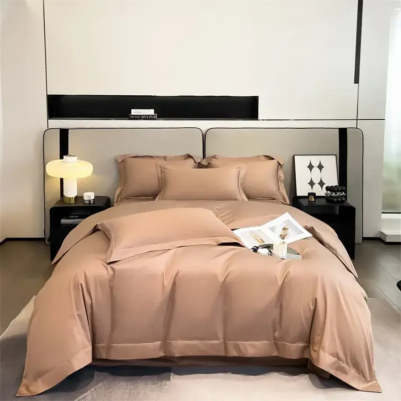 Beige satin duvet cover and fitted sheet set with a smooth luxurious finish from DecorBites™ 1000TC Egyptian cotton bedding