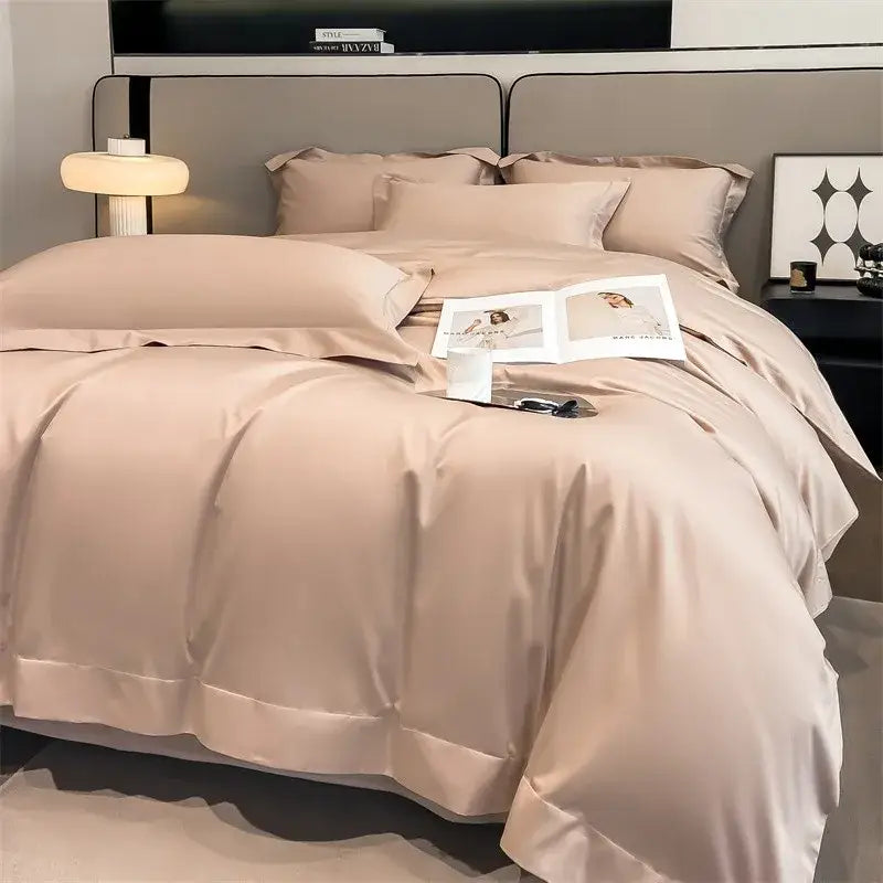 Beige satin décor bites luxurious 1000tc egyptian cotton bedding set with duvet cover fitted sheet and smooth finish