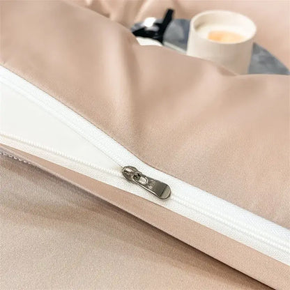 Beige satin pillowcase with white zipper and metallic pull tab from decorbites luxurious 1000tc egyptian cotton bedding set including duvet cover and fitted sheet