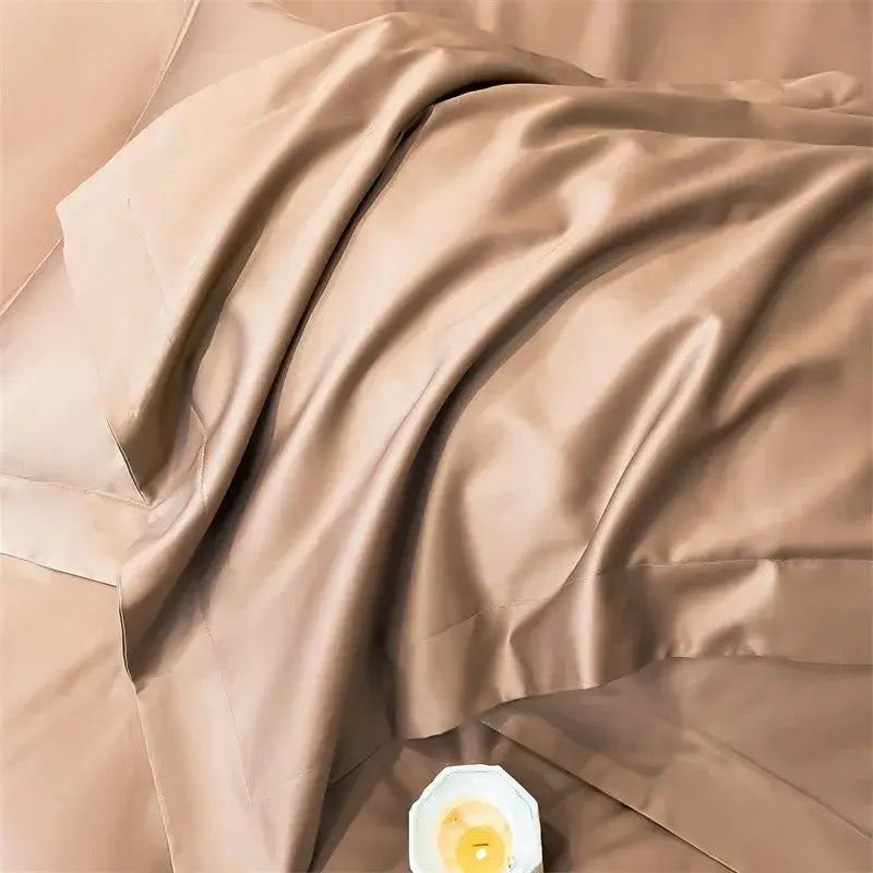 Beige satin duvet cover and fitted sheet with smooth glossy finish in decorbites™ luxurious 1000tc egyptian cotton bedding set