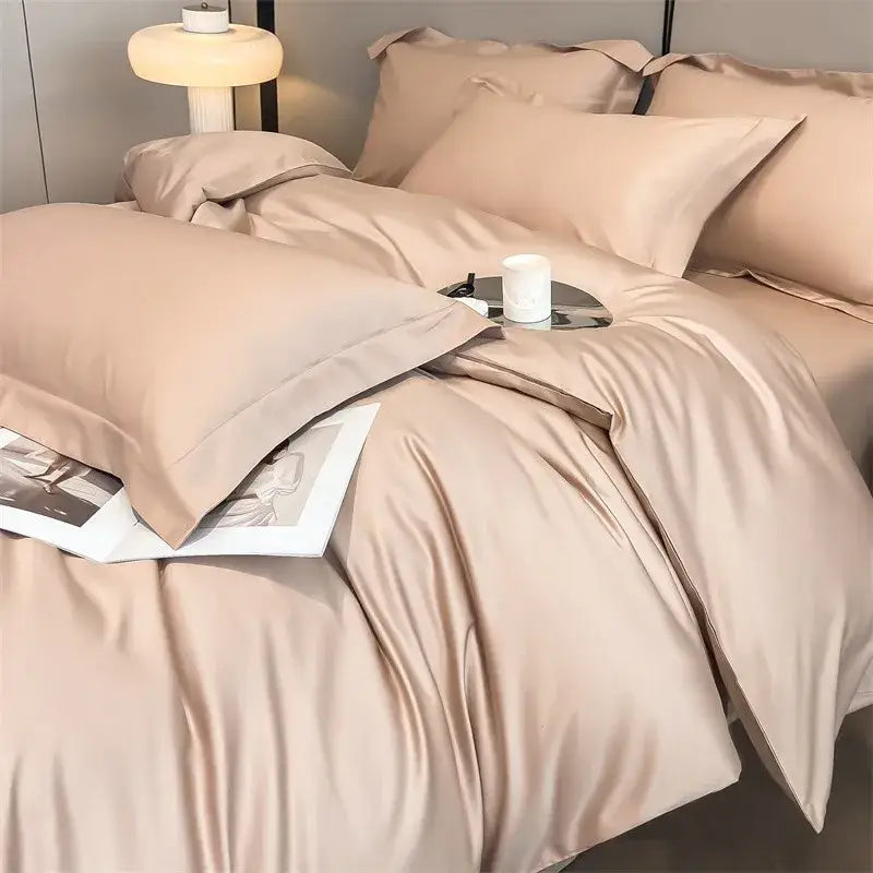 Beige satin DecorBites™ luxurious 1000TC Egyptian cotton bedding set with smooth duvet cover fitted sheet and matching pillows