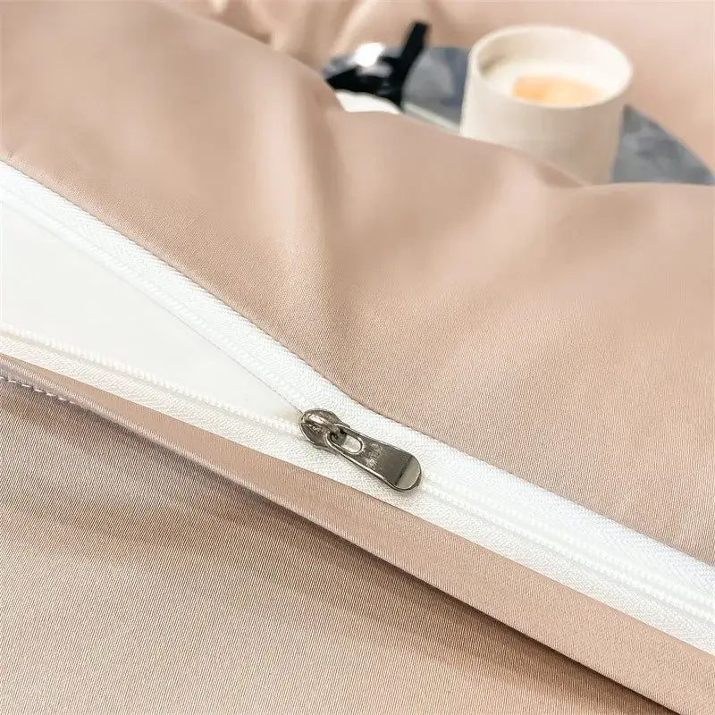 Beige satin pillowcase with white zipper and metallic pull tab from DecorBites™ luxurious 1000TC Egyptian cotton bedding set including duvet cover and fitted sheet